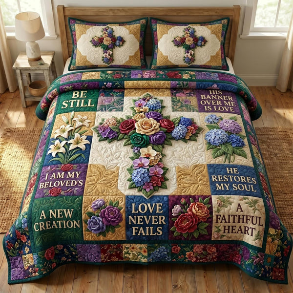 Floral Bible quilted 3-piece bedding set on a made bed in a softly lit bedroom