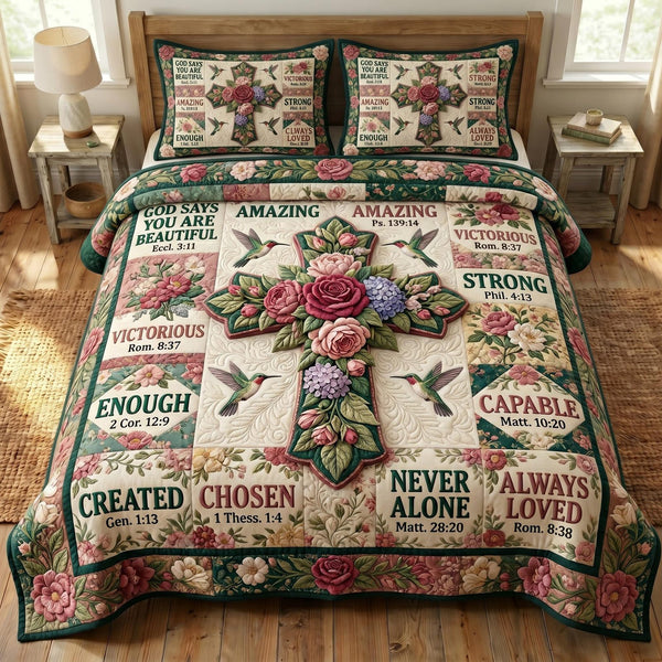 Floral Bible quilted 3-piece bedding set on a made bed in a softly lit bedroom