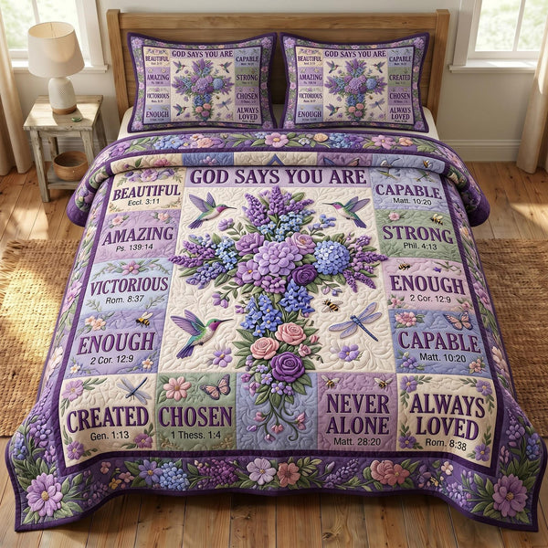 Floral Bible quilted 3-piece bedding set on a made bed in a softly lit bedroom