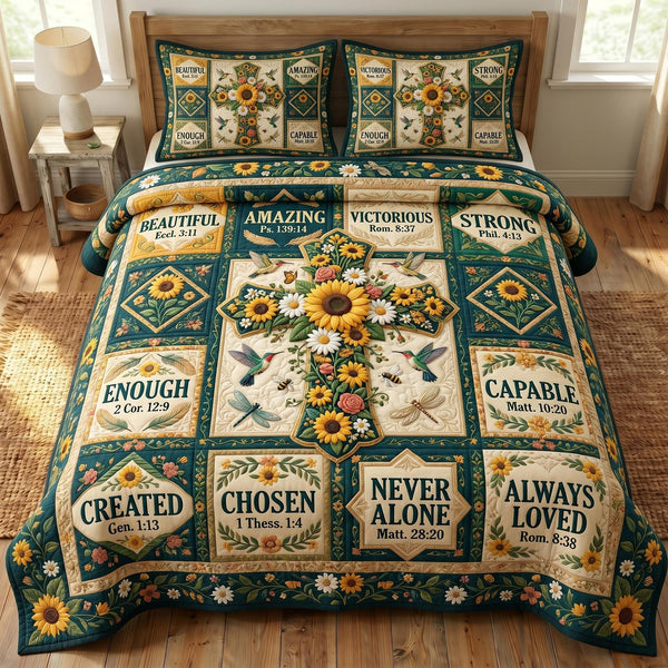 Floral Bible quilted 3-piece bedding set on a made bed in a softly lit bedroom