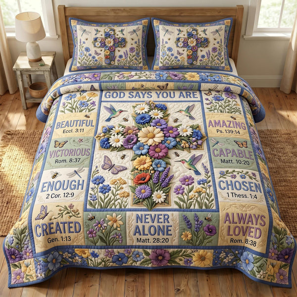 Floral Bible quilted 3-piece bedding set on a made bed in a softly lit bedroom
