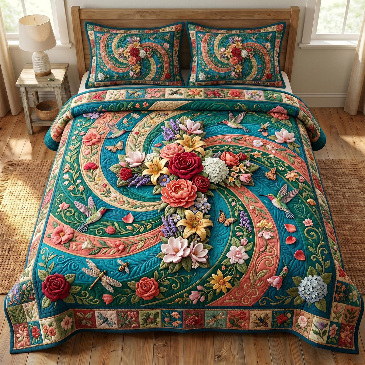Floral Bible quilted 3-piece bedding set on a made bed in a softly lit bedroom