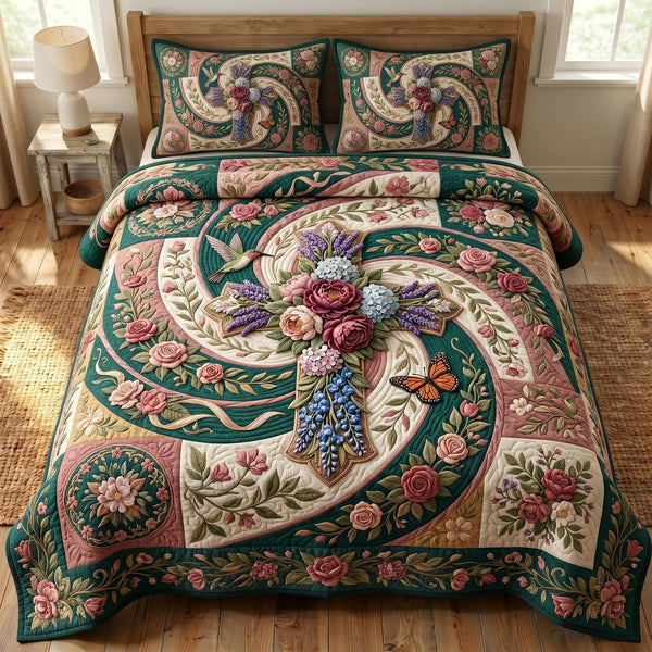 Floral Bible quilted 3-piece bedding set on a made bed in a softly lit bedroom