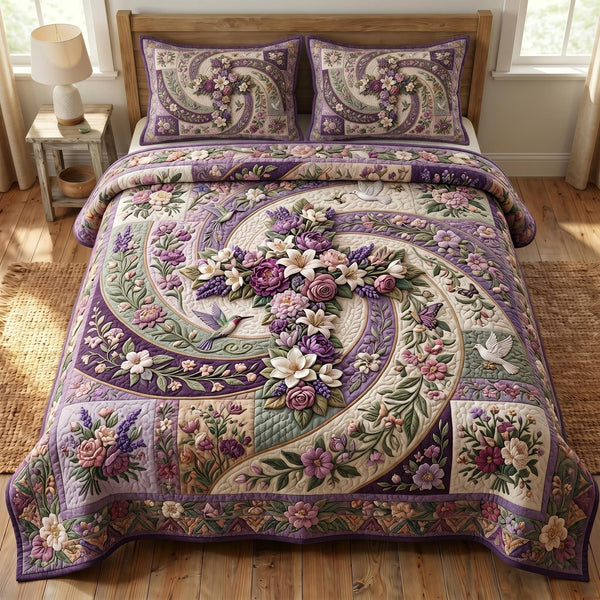 Floral Bible quilted 3-piece bedding set on a made bed in a softly lit bedroom