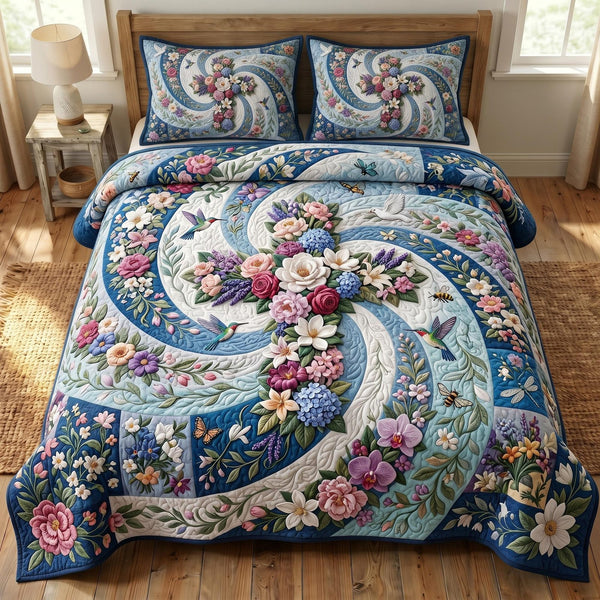 Floral Bible quilted 3-piece bedding set on a made bed in a softly lit bedroom