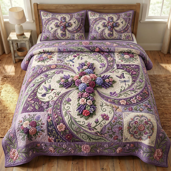 Floral Bible quilted 3-piece bedding set on a made bed in a softly lit bedroom