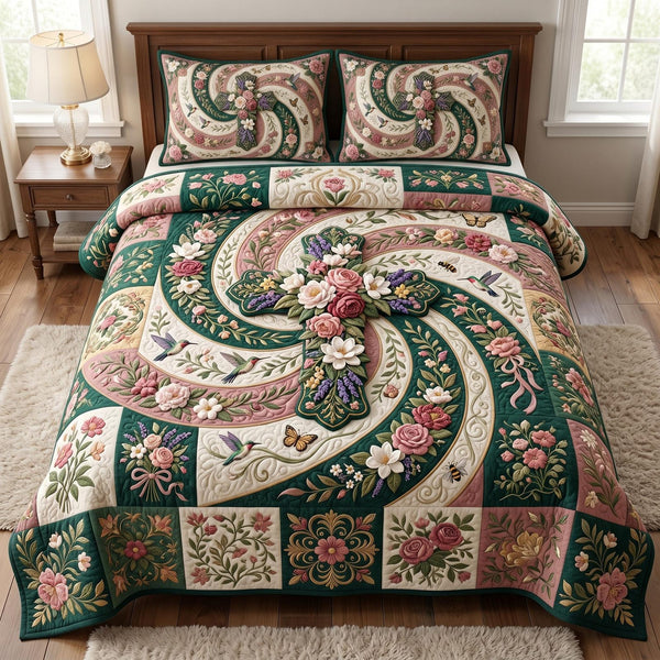 Floral Bible quilted 3-piece bedding set on a made bed in a softly lit bedroom