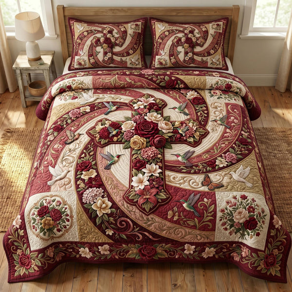 Floral Bible quilted 3-piece bedding set on a made bed in a softly lit bedroom