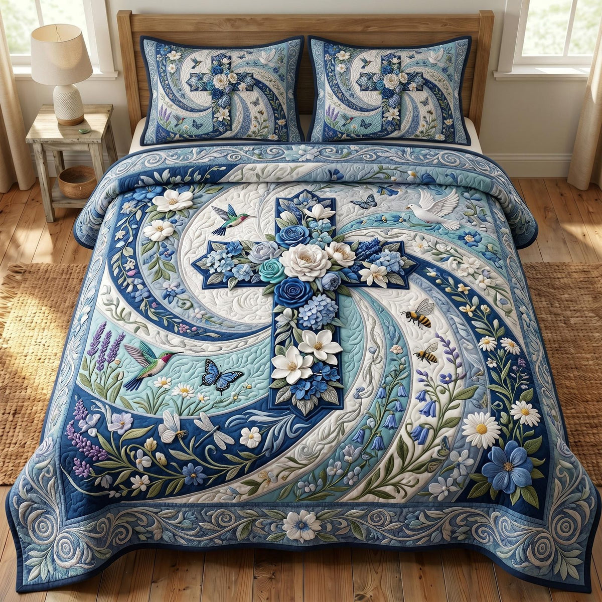 Floral Bible quilted 3-piece bedding set on a made bed in a softly lit bedroom