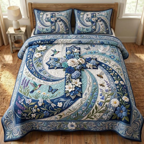 Floral Bible quilted 3-piece bedding set on a made bed in a softly lit bedroom