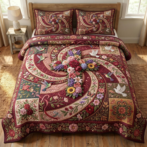 Floral Bible quilted 3-piece bedding set on a made bed in a softly lit bedroom
