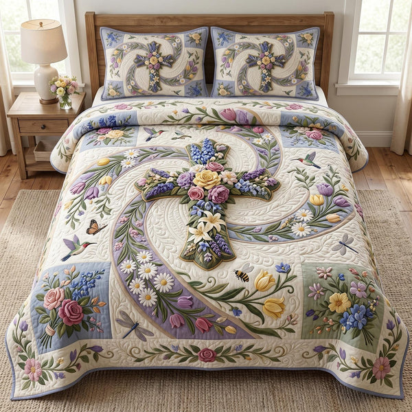 Floral Bible quilted 3-piece bedding set on a made bed in a softly lit bedroom