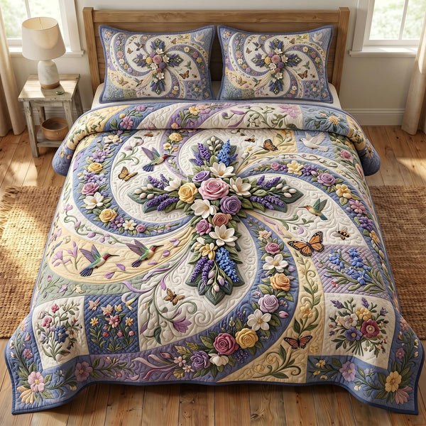 Floral Bible quilted 3-piece bedding set on a made bed in a softly lit bedroom