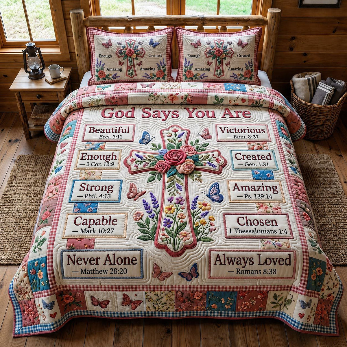 Floral Bible quilted 3-piece bedding set on a made bed in a softly lit bedroom