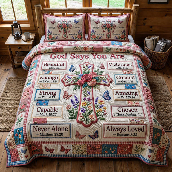 Floral Bible quilted 3-piece bedding set on a made bed in a softly lit bedroom
