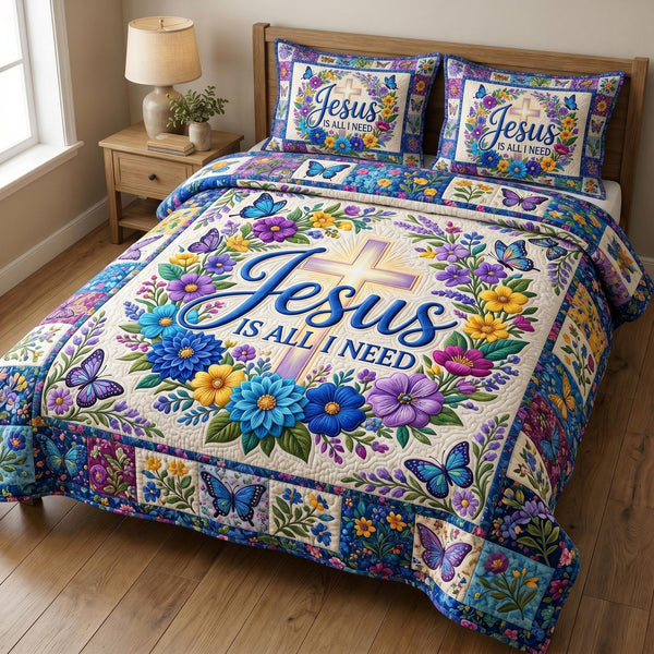 Floral Bible quilted 3-piece bedding set on a made bed in a softly lit bedroom