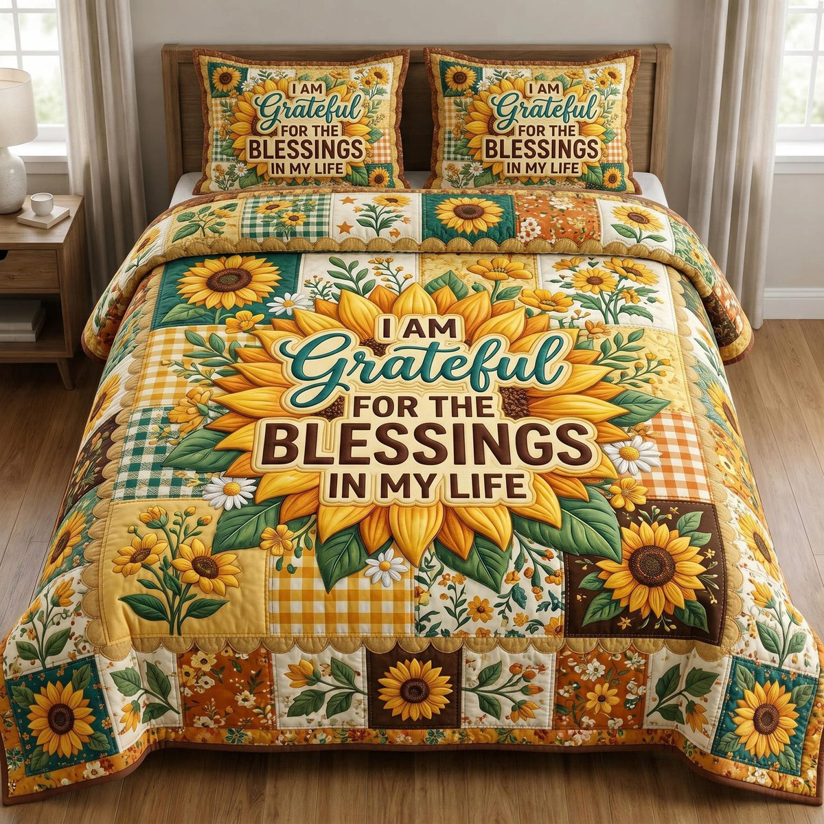 Floral Bible quilted 3-piece bedding set on a made bed in a softly lit bedroom