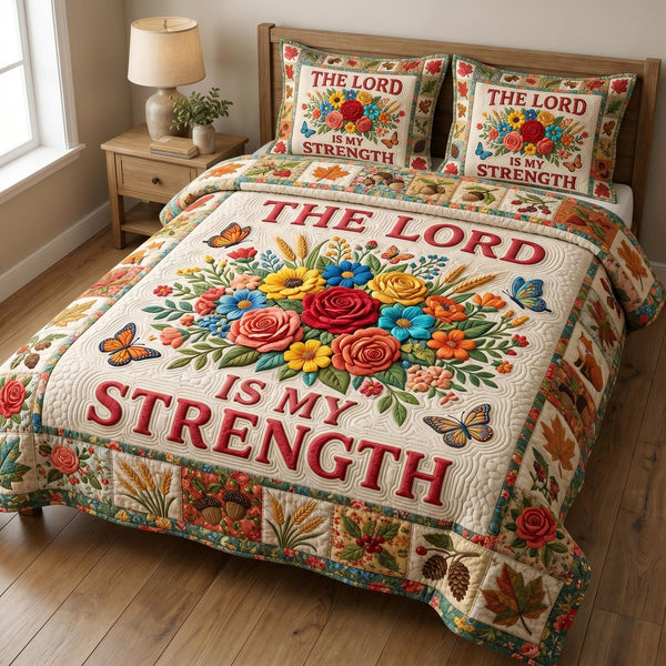 Floral Bible quilted 3-piece bedding set on a made bed in a softly lit bedroom