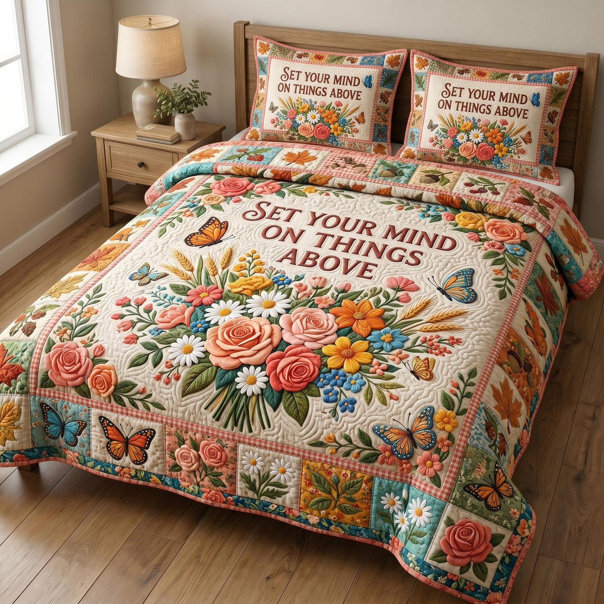 Floral Bible quilted 3-piece bedding set on a made bed in a softly lit bedroom