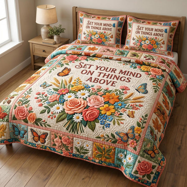 Floral Bible quilted 3-piece bedding set on a made bed in a softly lit bedroom