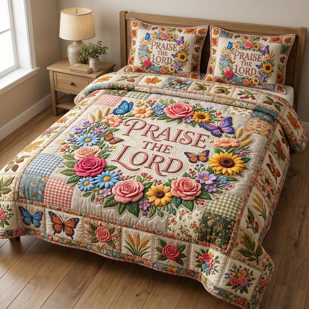 Floral Bible quilted 3-piece bedding set on a made bed in a softly lit bedroom