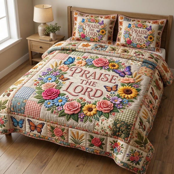 Floral Bible quilted 3-piece bedding set on a made bed in a softly lit bedroom