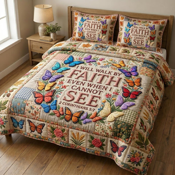 Floral Bible quilted 3-piece bedding set on a made bed in a softly lit bedroom