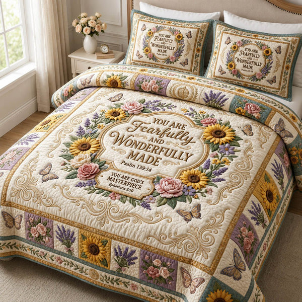 Floral Bible Verse quilted 3-piece bedding set on a made bed in a softly lit bedroom