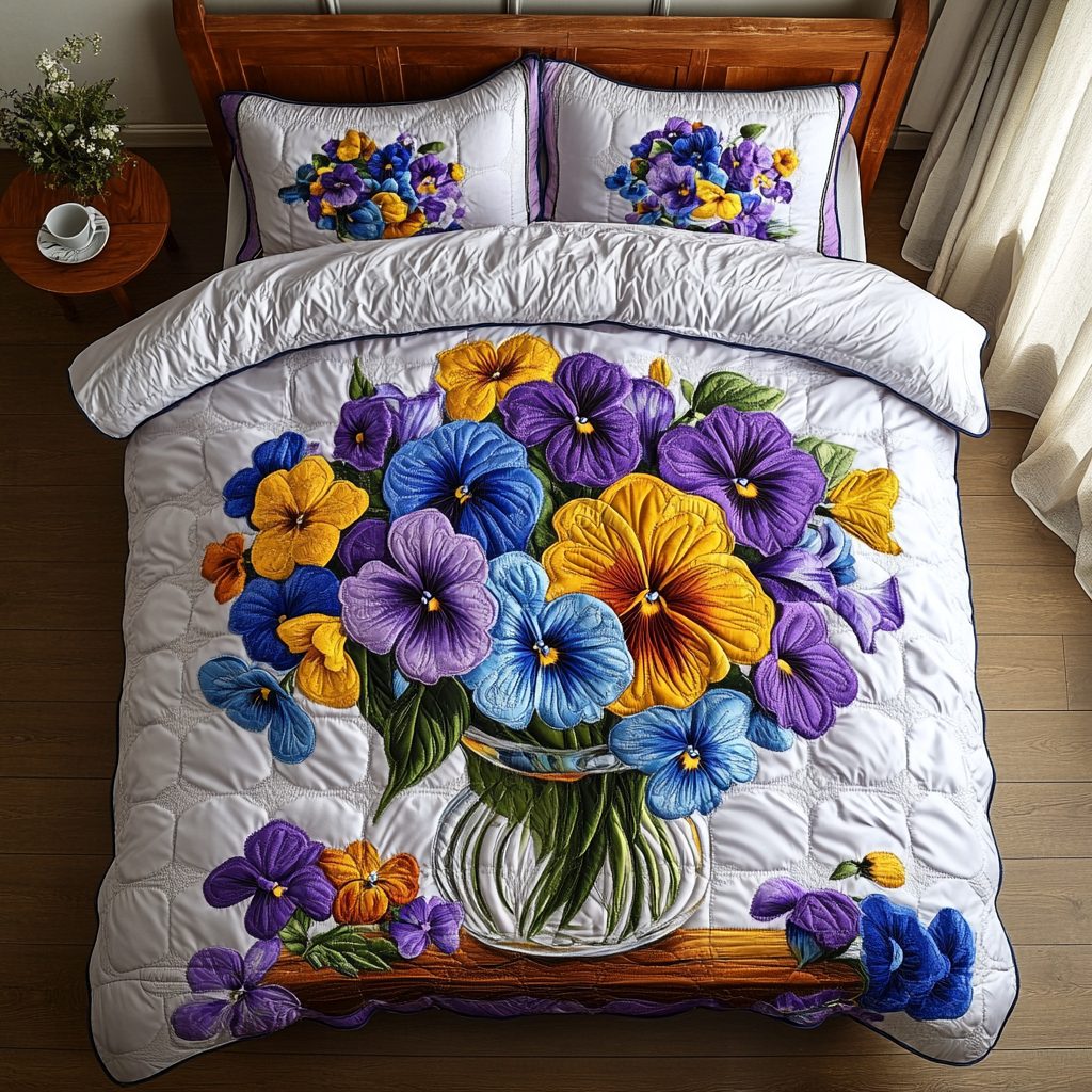 Floral Bliss quilted 3-piece bedding set on a made bed with two matching pillow shams