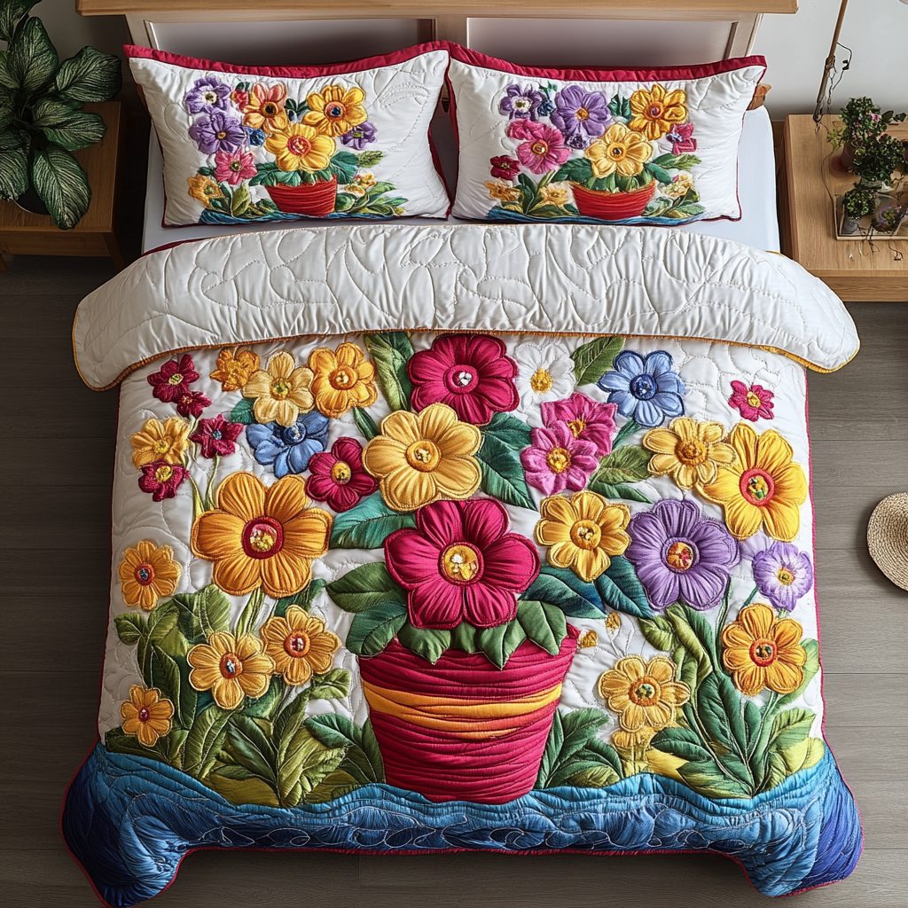 Floral Bliss quilted 3-piece bedding set on a made bed with two matching pillow shams