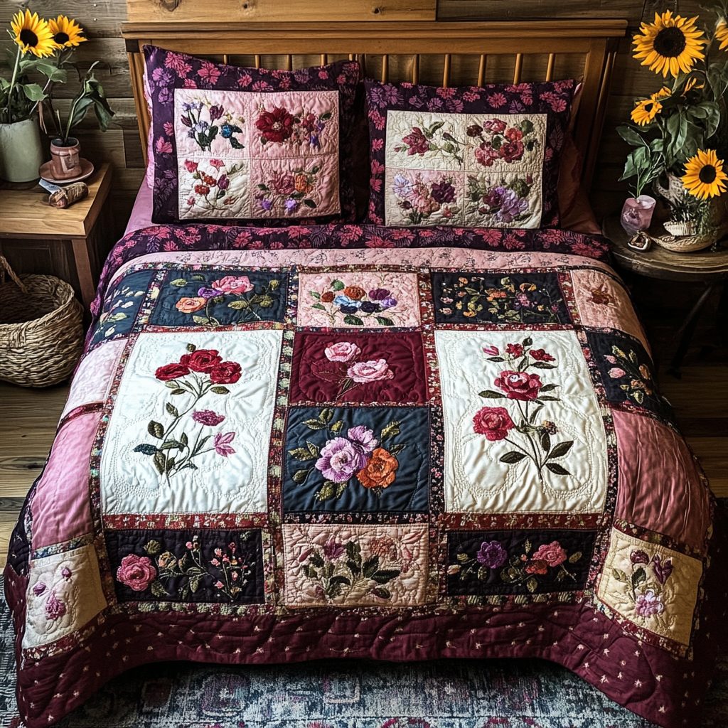 Floral Bliss quilted 3-piece bedding set on a made bed with two matching pillow shams