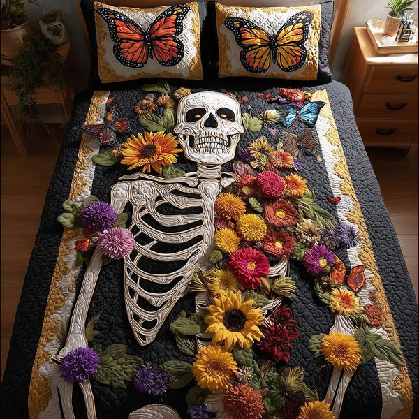 Floral Bones quilted 3-piece bedding set on a made bed against a dark styled interior