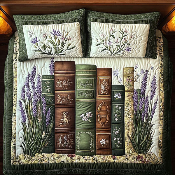 Floral Book Haven quilted 3-piece bedding set on a made bed with two matching pillow shams