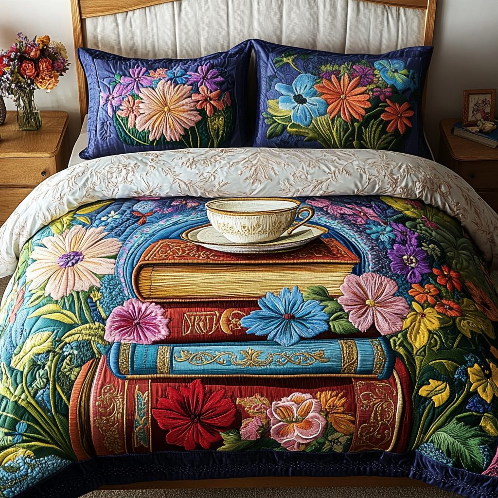 Floral Book Nook quilted 3-piece bedding set on a made bed with two matching pillow shams