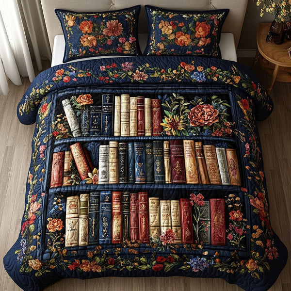 Floral Bookshelf quilted 3-piece bedding set on a made bed with two matching pillow shams