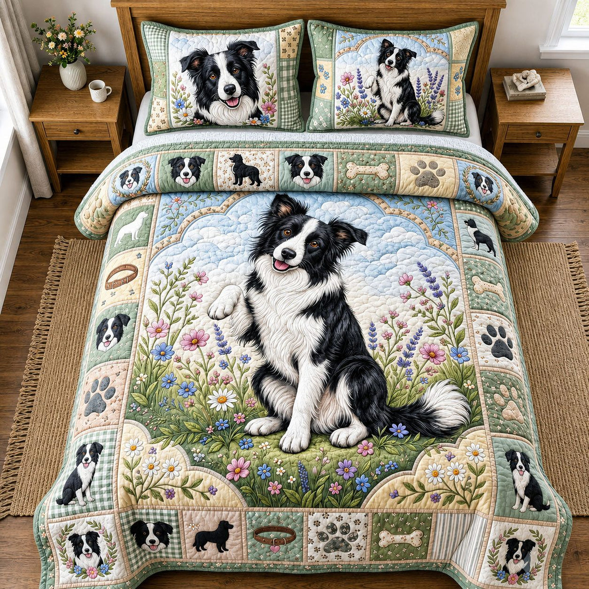 Floral Border Collie quilted 3-piece bedding set on a made bed with two matching pillow shams