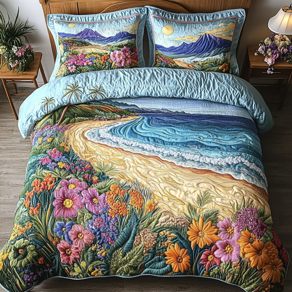 Floral Breeze quilted 3-piece bedding set on a made bed with two matching pillow shams