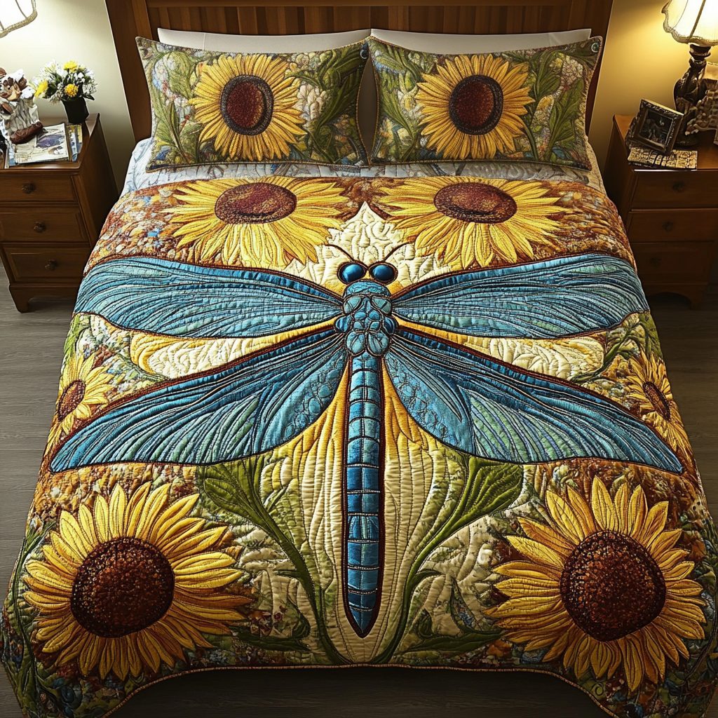 Floral Breeze quilted 3-piece bedding set on a made bed with two matching pillow shams