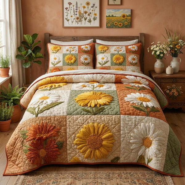 Floral Bridge quilted 3-piece bedding set on a made bed with two matching pillow shams