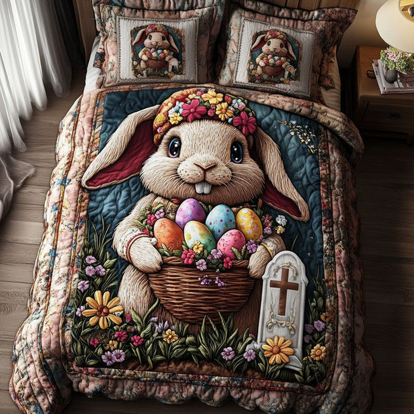Floral Bunny Basket quilted 3-piece bedding set on a made bed with two matching pillow shams