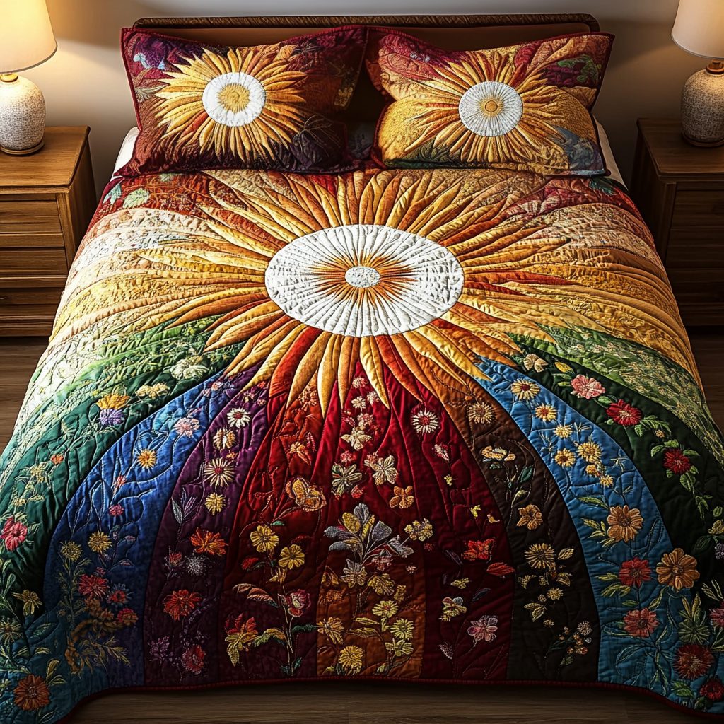Floral Burst quilted 3-piece bedding set on a made bed with two matching pillow shams
