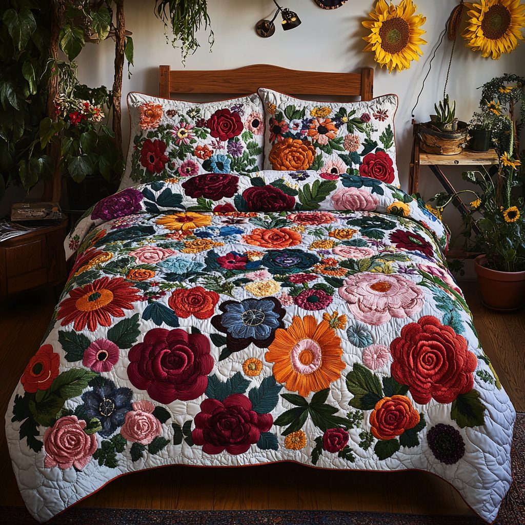 Floral Burst quilted 3-piece bedding set on a made bed with two matching pillow shams