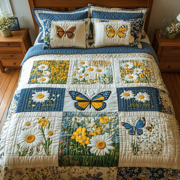 Floral Butterfly quilted 3-piece bedding set on a made bed with two matching pillow shams