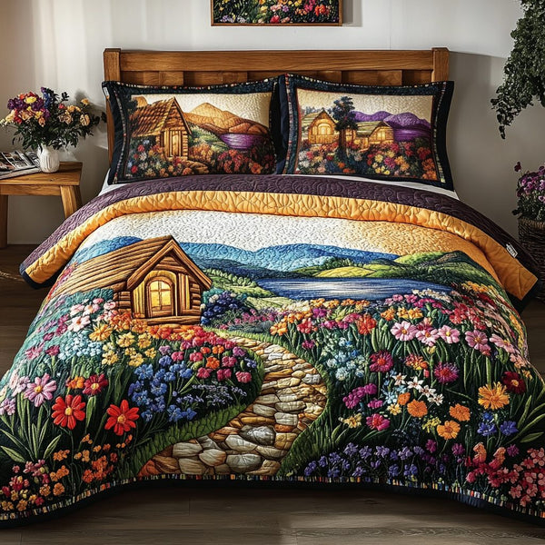 Floral Cabin quilted 3-piece bedding set on a made bed with two matching pillow shams