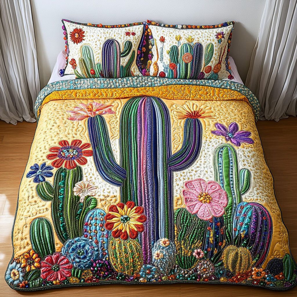 Floral Cactus quilted 3-piece bedding set on a made bed with two matching pillow shams