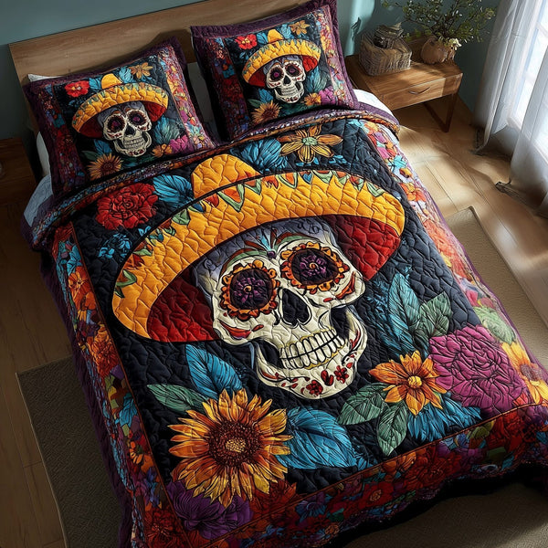 Floral Calavera quilted 3-piece bedding set on a made bed with two matching pillow shams