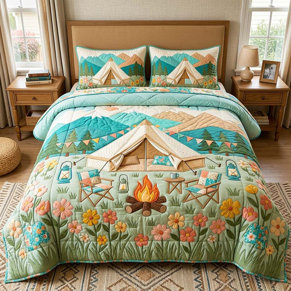 Floral Camp quilted 3-piece bedding set on a made bed with two matching pillow shams