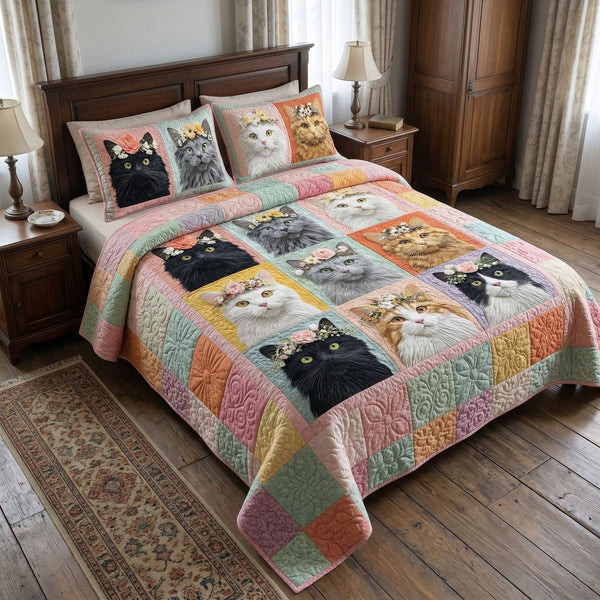 Floral Cat Patchwork quilted 3-piece bedding set on a made bed in a farmhouse bedroom