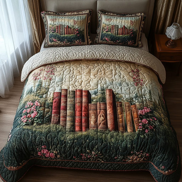 Floral Chapters quilted 3-piece bedding set on a made bed with two matching pillow shams
