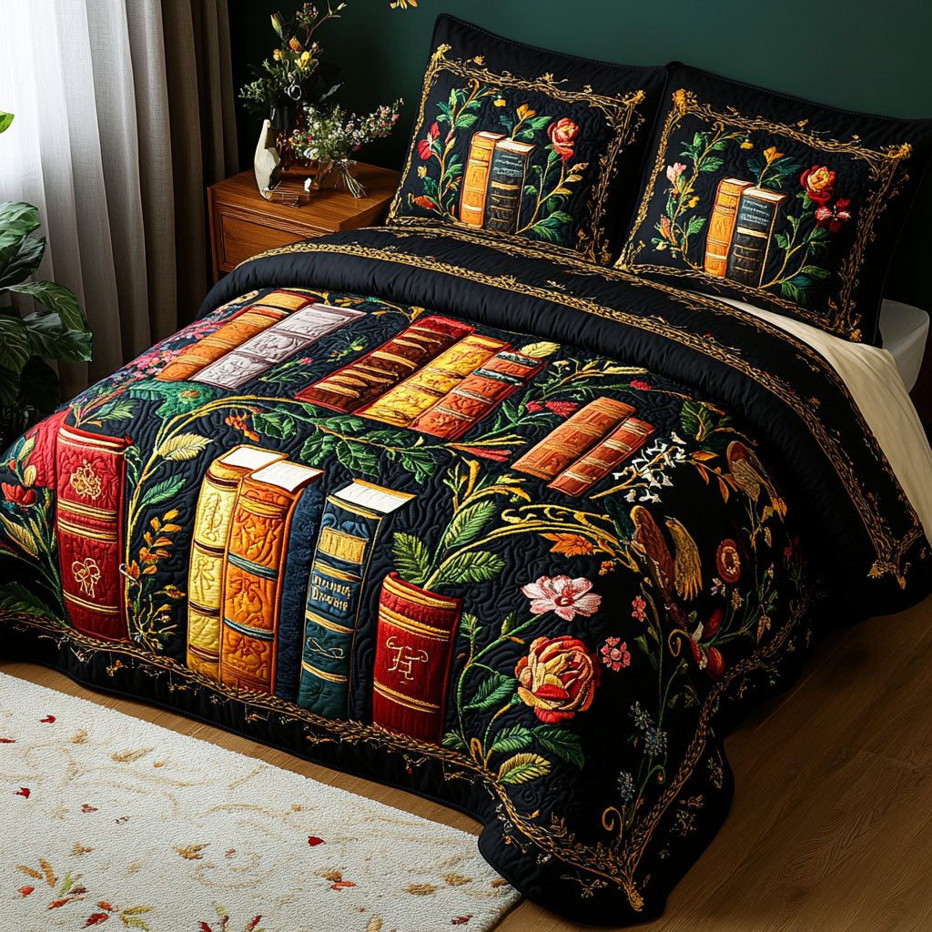 Floral Chapters quilted 3-piece bedding set on a made bed with two matching pillow shams